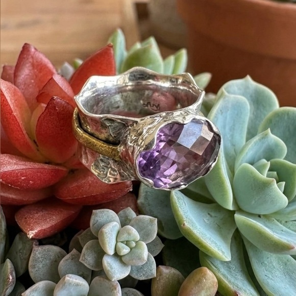 Jewelry - Arya Design Signed 925 Sterling Silver Gold Amethyst Hammered Boho Ring Size 8